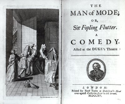 Frontespizio e pagina del titolo per The Man of Mode, or Sir Fopling Flutter di George Etherege, pubblicato nel 1715 da Louis du Guernier